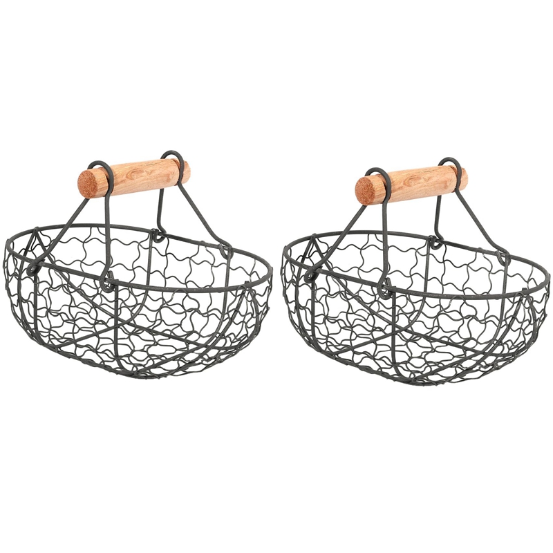 2PCS Wooden Handle Metal Retro Vegetable Fruit Basket - Image 2