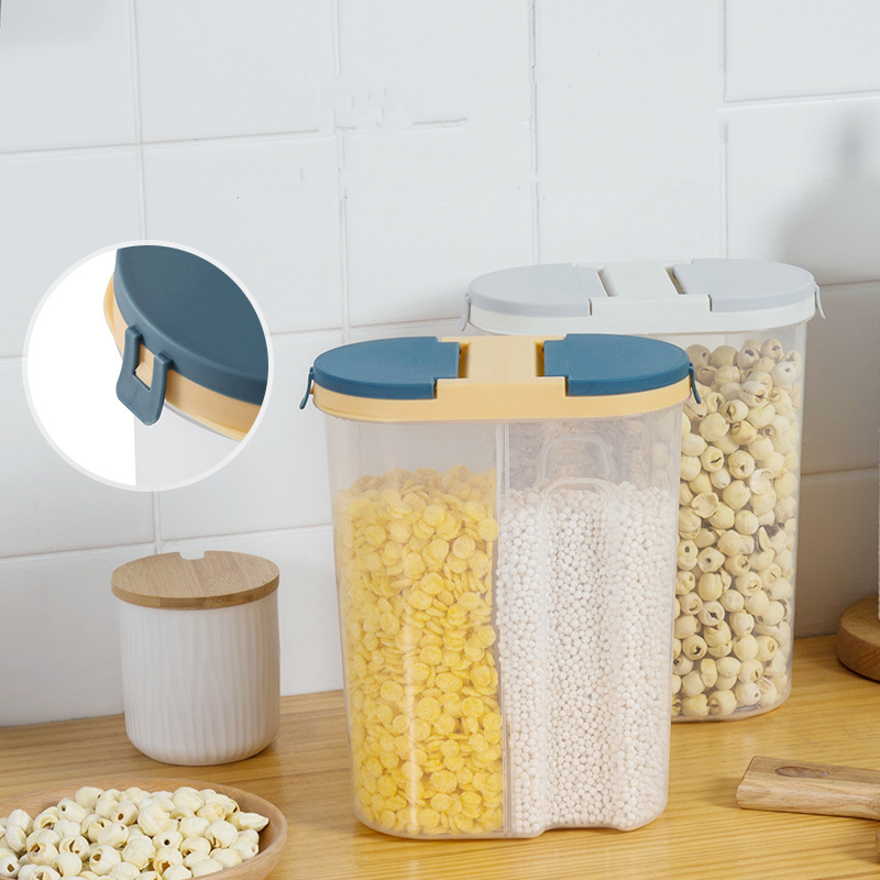 Large Blue Double Grid Cereals Jar Plastic Food Storage with Lids - Image 3