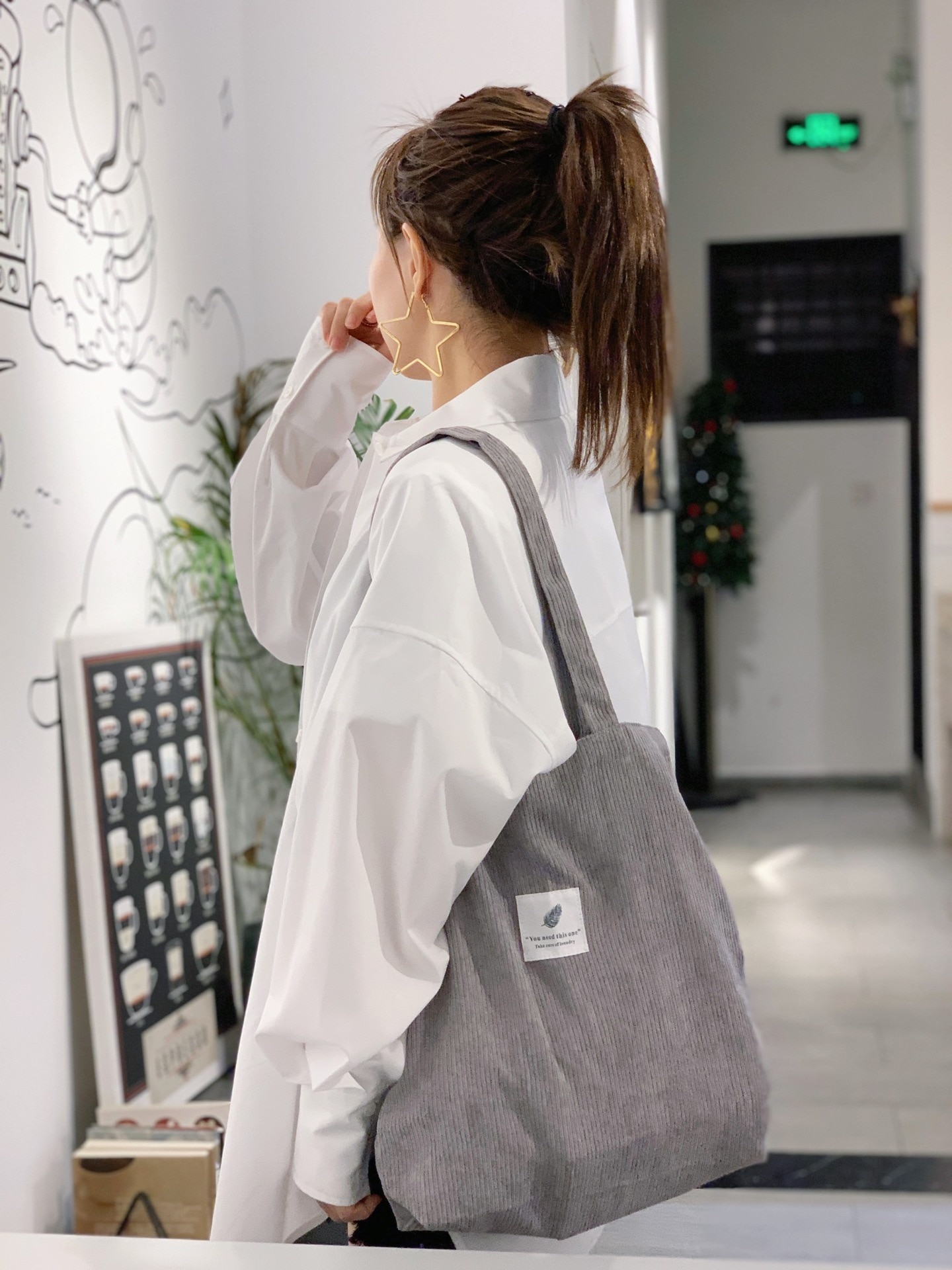 Corduroy Shoulder Bag Reusable Shopping Bags Casual Tote - Image 2