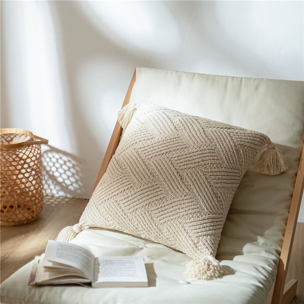 Handmade Tassel Sofa Cushion Cover 45x45cm Solid Beige - Image 2