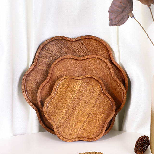 Petal-Shaped Wooden Dinner Plate Ebony Tray Fruit