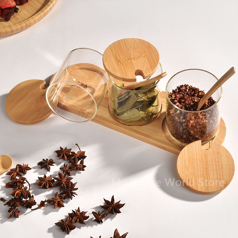 Set 3 PCS Glass Spice Organizer Jars with Spoon Lid