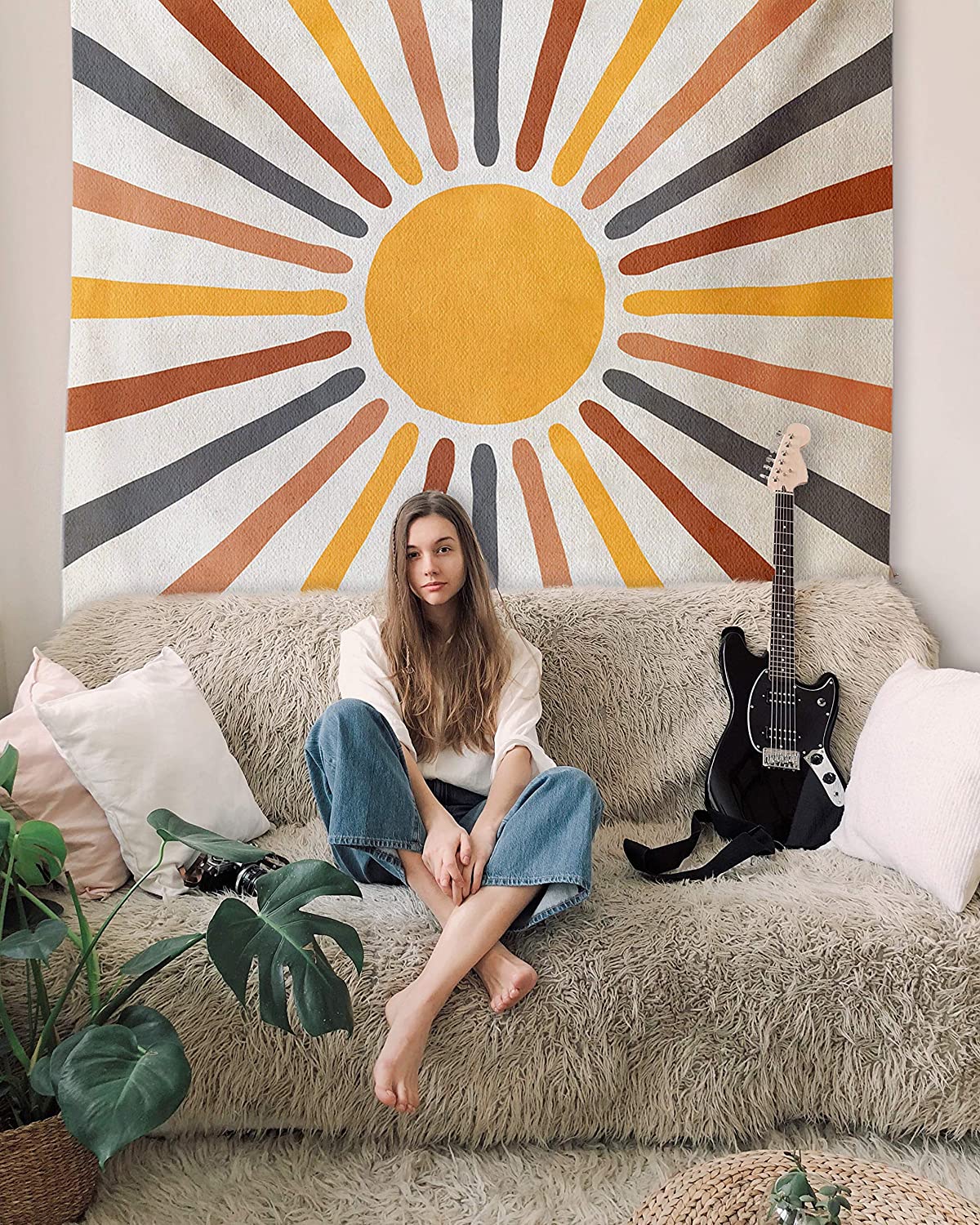 Retro 70s Rainbow Sunrise Abstract Tapestry Wall Hanging - Image 3