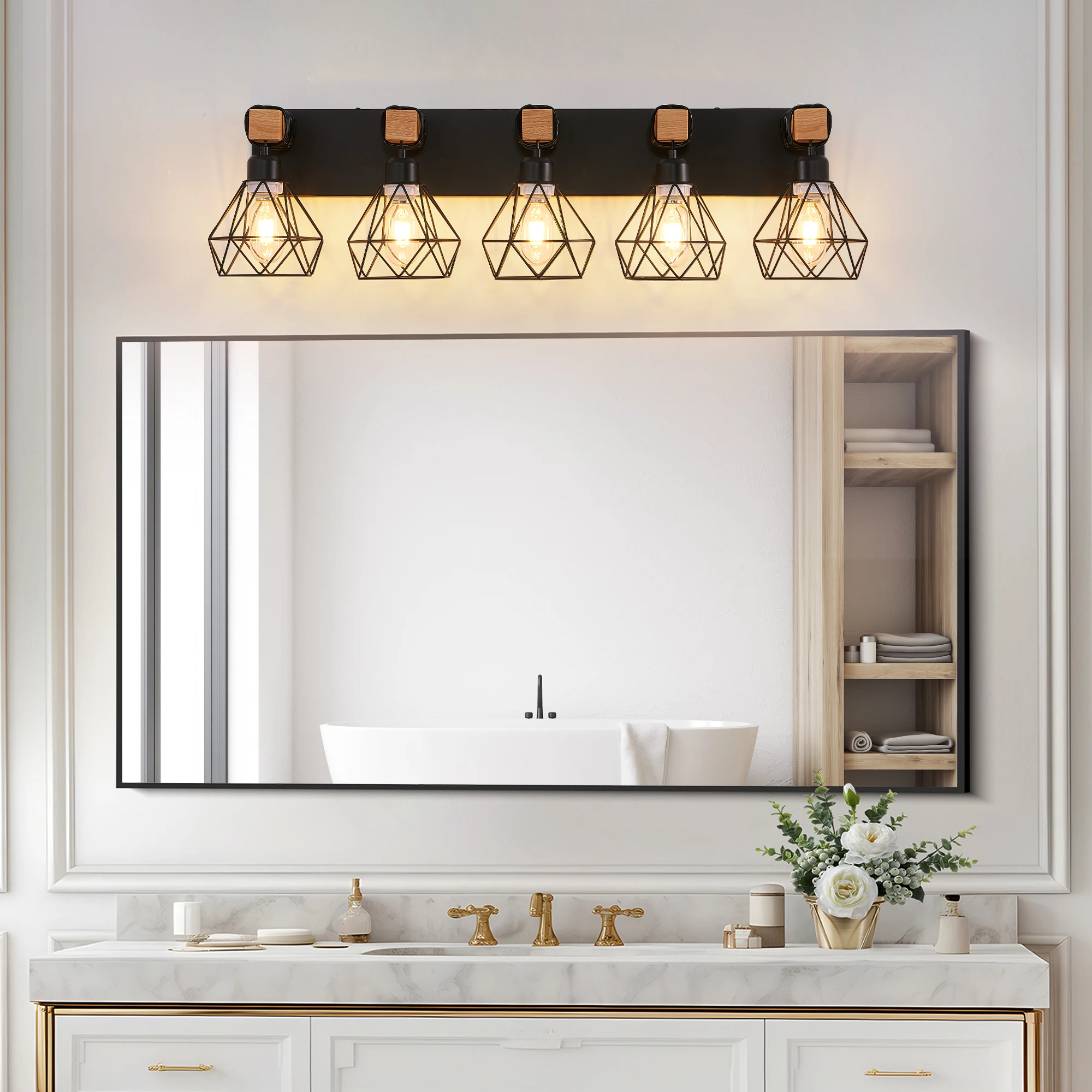 Vanity Wall Light | Cage Farmhouse Geometric Style | Black Iron Metal | E26 Bulb Socket | Ideal for Bathroom, Hallway, Bedroom