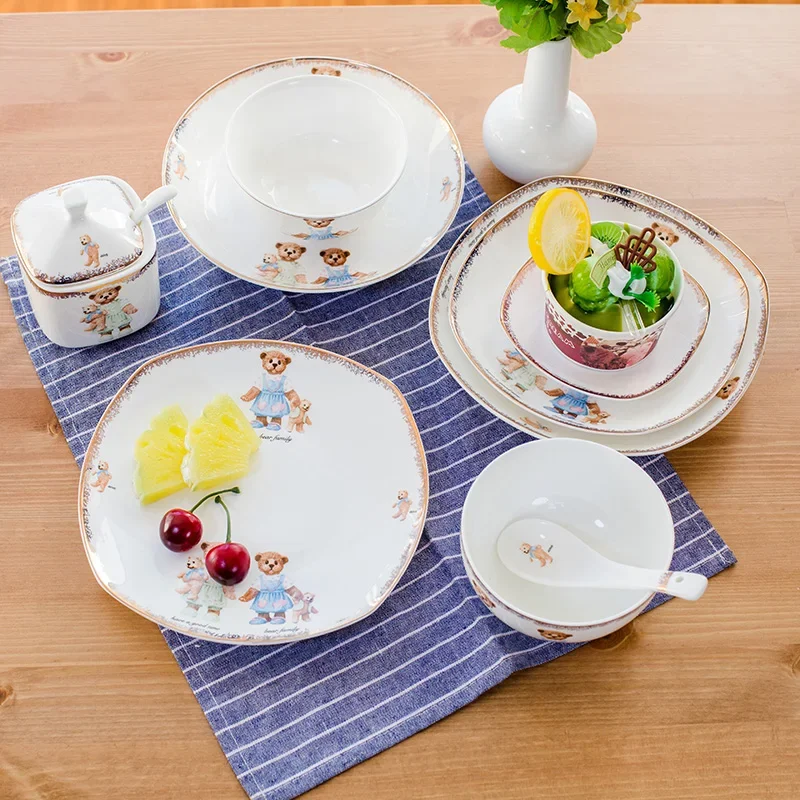 25Pcs Set, Real Bone China Dinnerware Set, Cute Bear Painting, Dinner Chafing Dish Plate, Ceramice Kitchen Food Containers Serve - Image 4