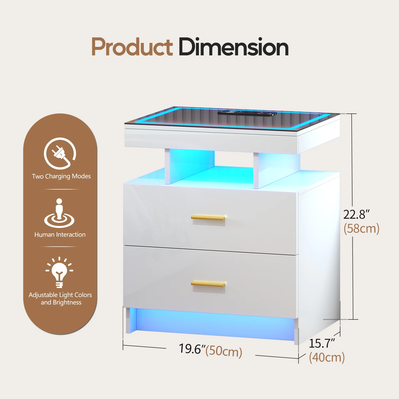LED Nightstand with Wireless Charging Station,Black Night Stand with 2 Drawers,Glass Top Smart Bedside Table - Image 5
