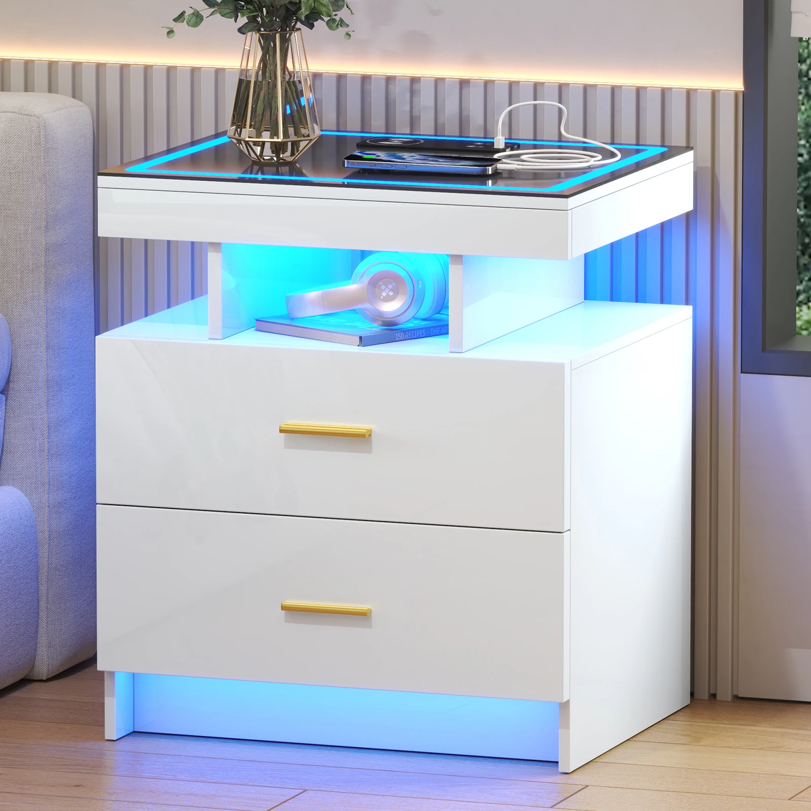 LED Nightstand with Wireless Charging Station,Black Night Stand with 2 Drawers,Glass Top Smart Bedside Table