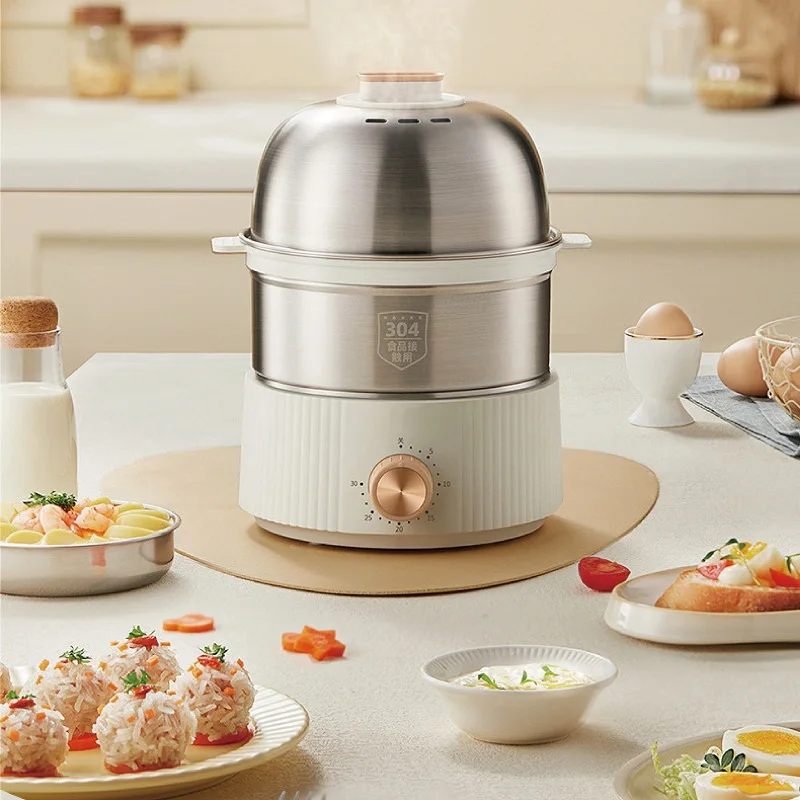 350W Egg Cooker Multifunctional Breakfast Machine Food Heater 304 Stainless Steel Egg Steamer Home Double Layer Electric Steamer