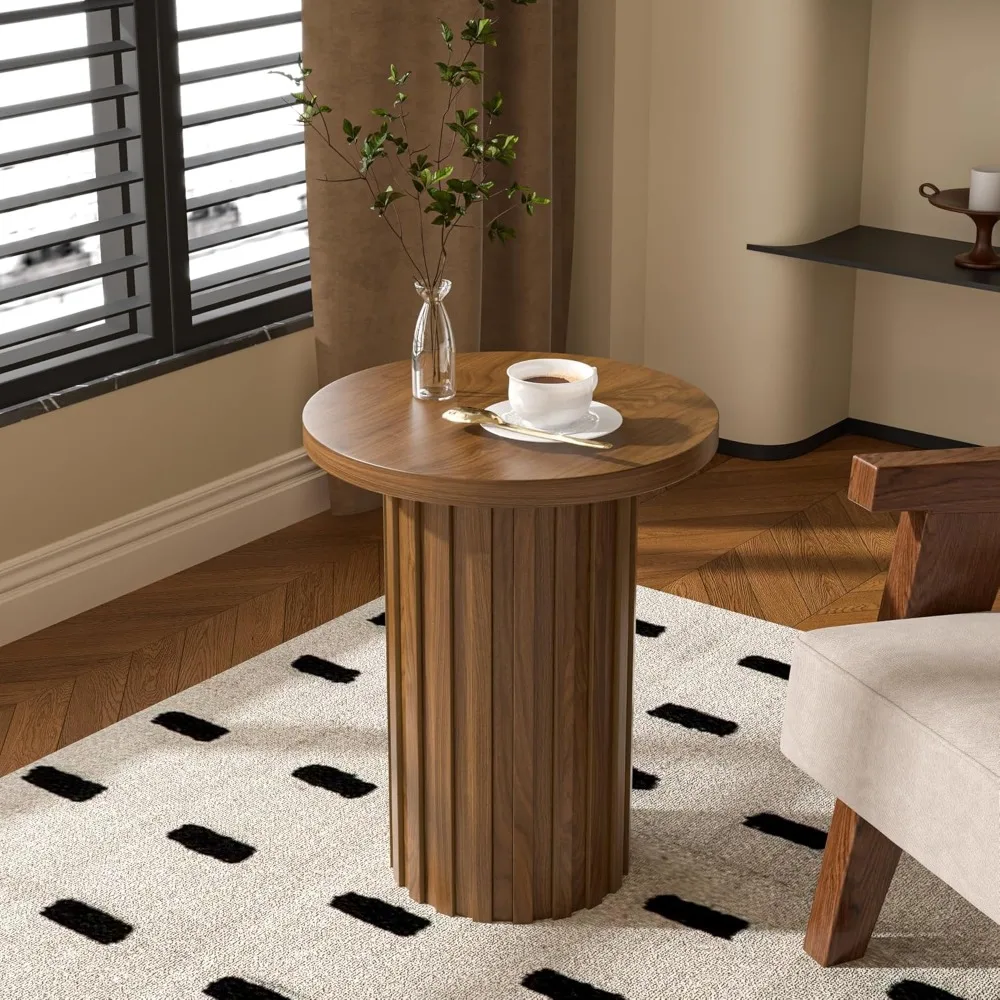 Rustic Round Pedestal Side Table with Fluted Panel for Small Living Spaces in Walnut Finish - Image 3