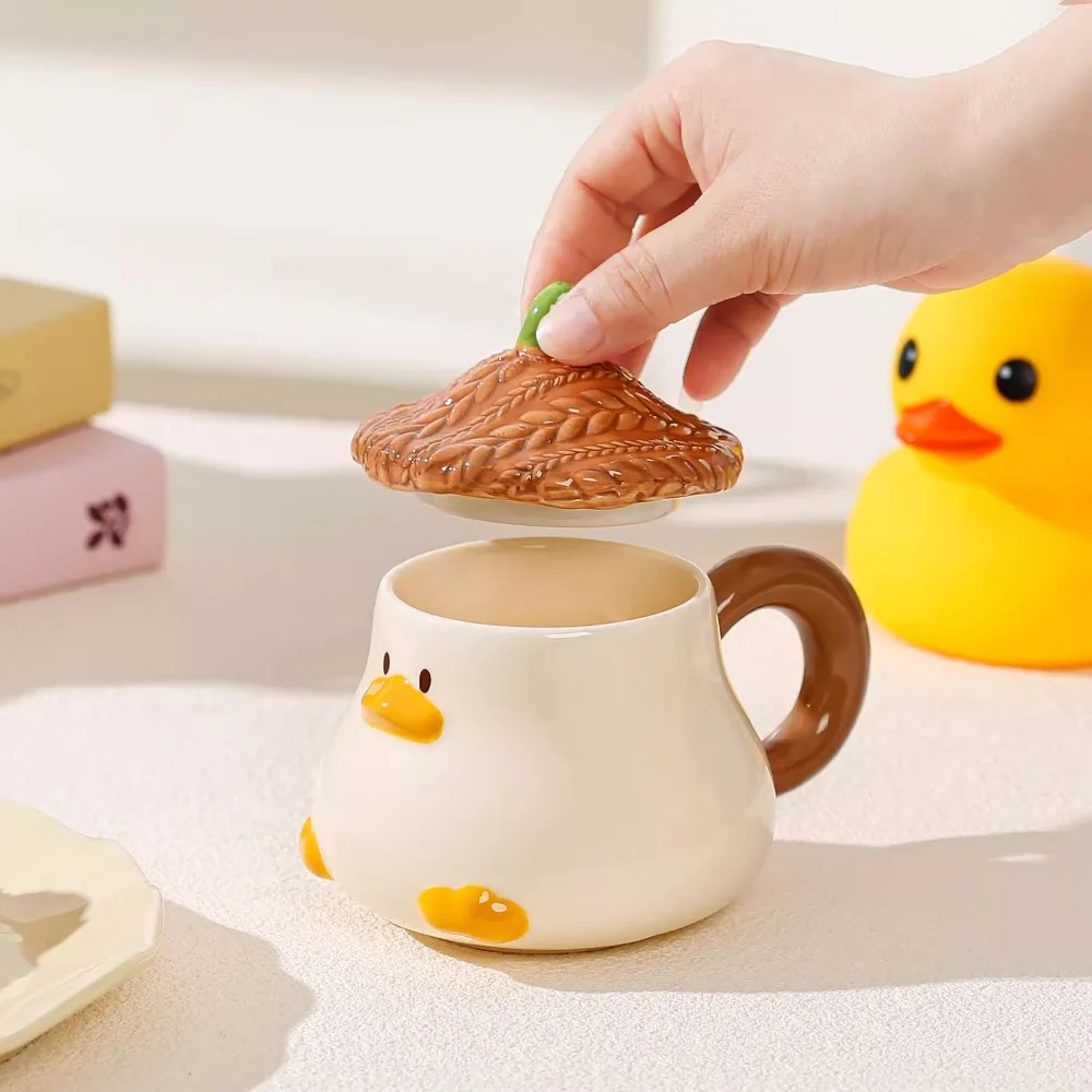 Under Glaze Color Pear Big Cute Mug with Lid Ceramic Cup Afternoon Tea Coffee Cup Household Office Handwork Cartoon Duckling Mug - Image 3