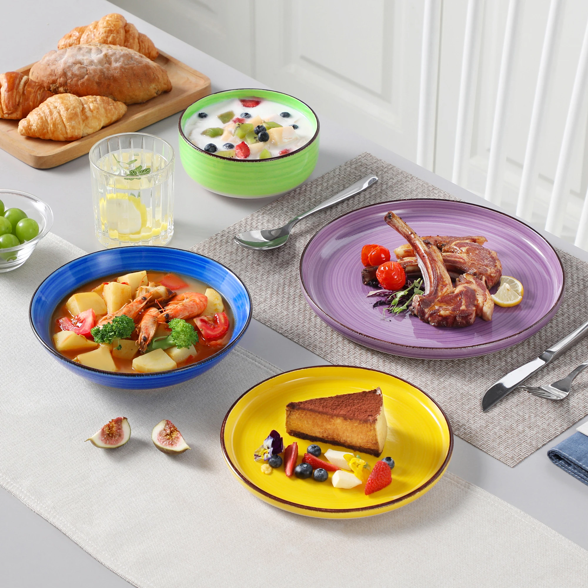 12/18/24PCS Ceramic Plate Set Mix-Color Handpainted Spirals Pattern 4/6PCS Dinner Plates/Dessert/Bowl/Soup Plates - Image 6