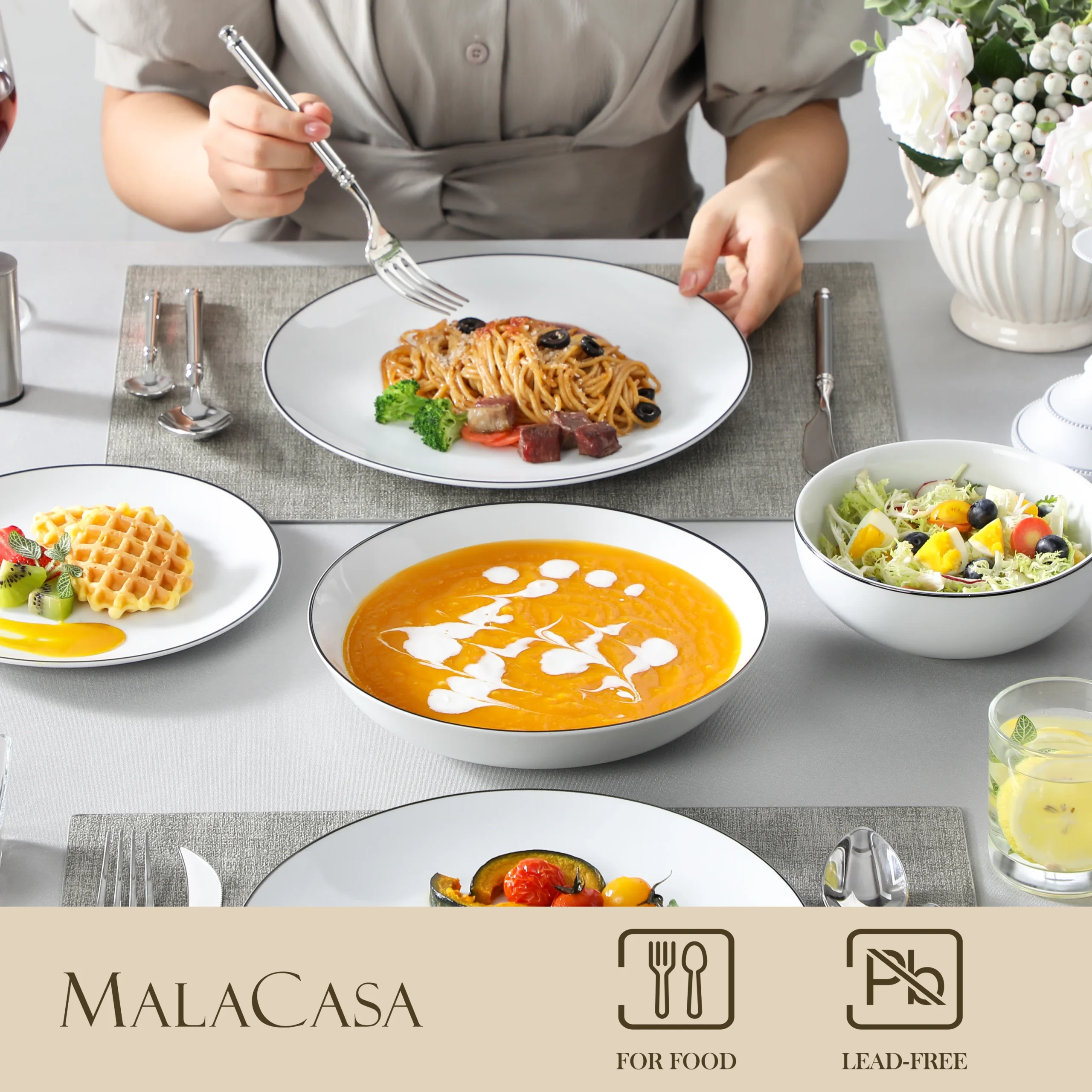 MALACASA AMELIA 24/48 Piece Porcelain Plates Sets with 12*Soup Dinner Plates Dinnerware Set Service for 12/24 Person - Image 5