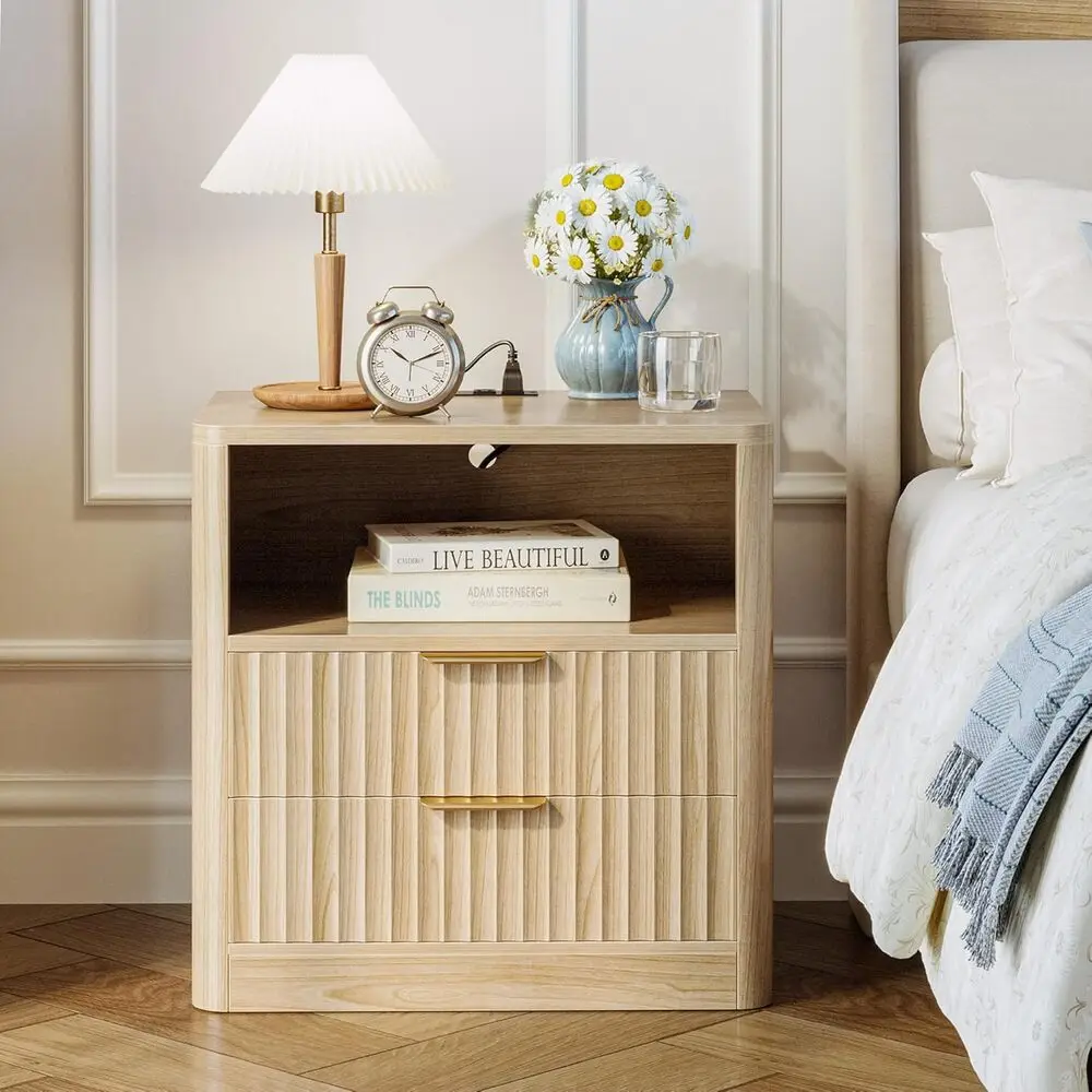 Fluted Night Stand Set Of 2, Modern Nightstand With Charging Station, Drawers And Open Shelves-Bedside Table For Bedroom - Image 5