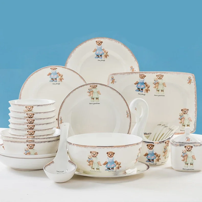 25Pcs Set, Real Bone China Dinnerware Set, Cute Bear Painting, Dinner Chafing Dish Plate, Ceramice Kitchen Food Containers Serve