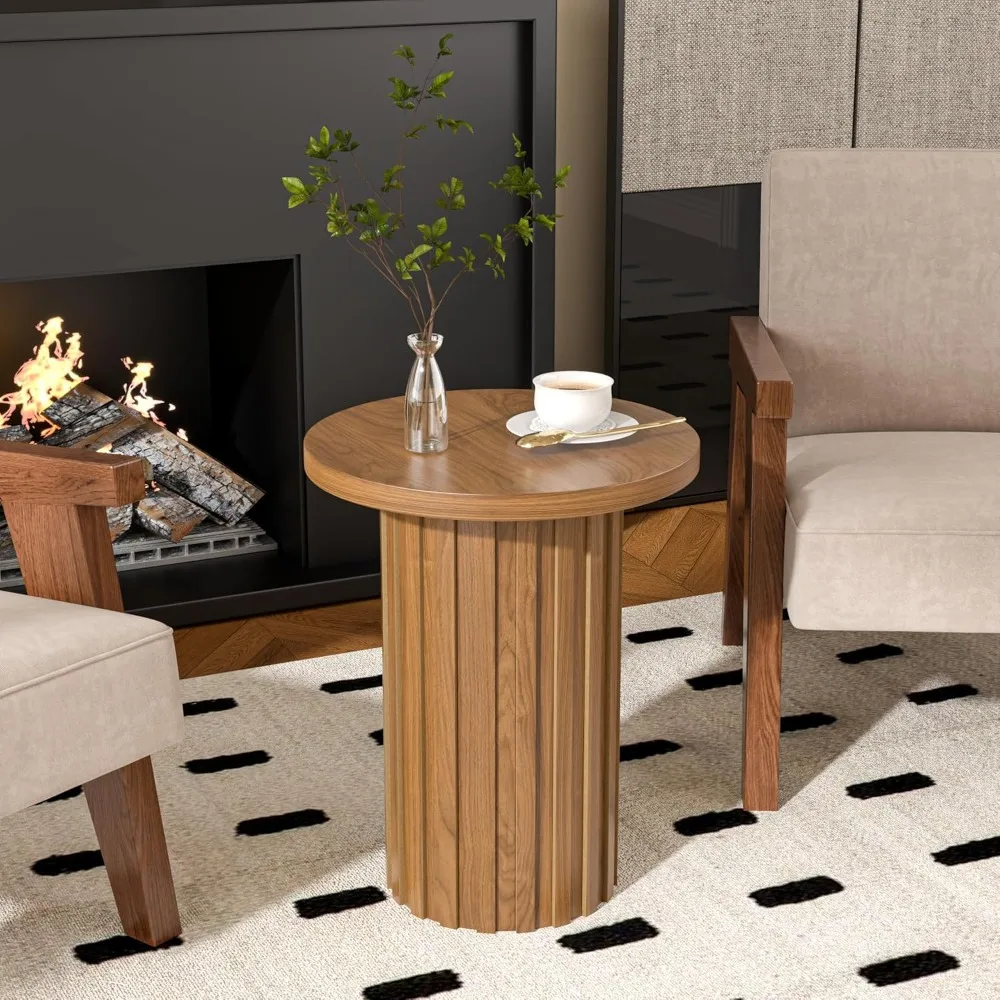 Rustic Round Pedestal Side Table with Fluted Panel for Small Living Spaces in Walnut Finish - Image 5
