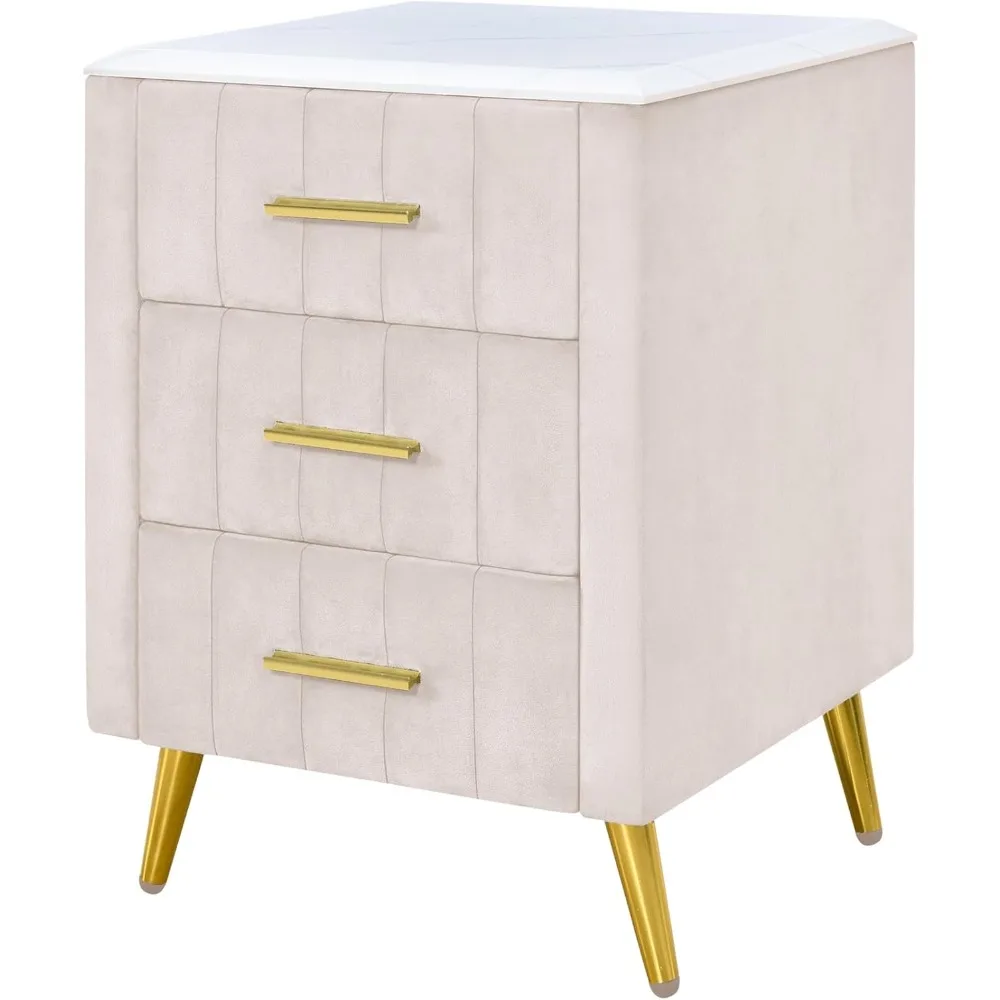 Velvet Nightstand with 3 Drawers, Upholstered Nightstand with Faux Marble Top, Bedside Table Furniture,End Table with Metal Legs - Image 5