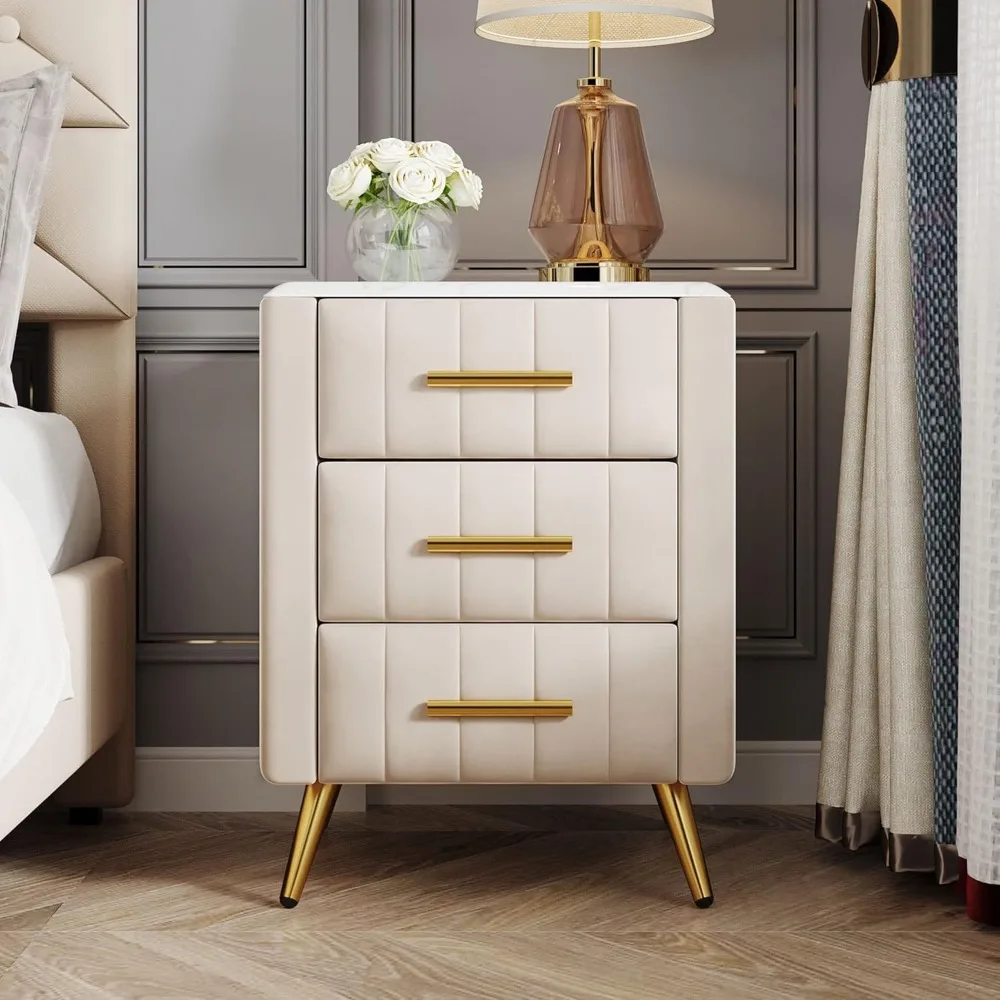 Velvet Nightstand with 3 Drawers, Upholstered Nightstand with Faux Marble Top, Bedside Table Furniture,End Table with Metal Legs - Image 3